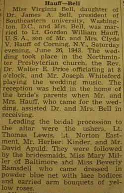 Part 1 Marriage Notice for Gordon William HAUFF to Virginia Bell, 26 Jun 1943