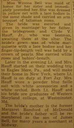 Part 2 Marriage Notice for Gordon William HAUFF to Virginia Bell, 26 Jun 1943