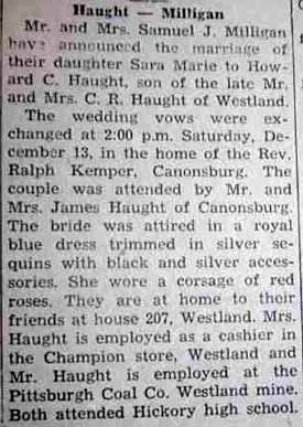 Marriage Notice for Howard C. HAUGHT to Sara Marie Milligan, 13 Dec 1947