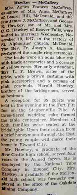 Marriage Notice for George R. HAWKEY to Agnes Frances McCaffrey, 19 11 1947