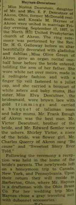 Marriage Notice for Kneale M. HAYNES to Norma Descutner, 17 Sep 1937