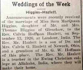 Marriage Notice for Calvin Hoffman HAZLETT to Sara MacQueen Higgins, 13 Sep 1926