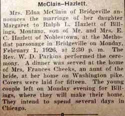 Marriage Notice for Ralph L. HAZLETT to Margaret McClain, 1 Feb 1926