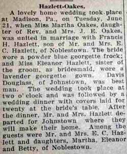 Marriage Notice for Francis H. HAZLETT to Martha Oakes, no date, in 6-23-1927 paper