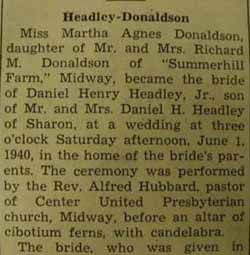 Part 1 Marriage Notice for Daniel HEADLEY, Jr. to Martha Agnes Donaldson, 1 Jun 1940