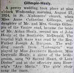 Part 1 Marriage Notice for Aidan HEALY to Anne Catherine Gillespie, 27 Aug 1924