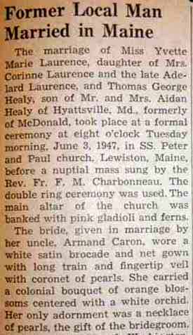 Part 1 Marriage Notice for Thomas George HEALY to Yvette Marie Laurence, 3 Jun 1947