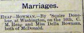 Marriage Notice for C. M. HEAP to Della Bowman, 16 Nov 1892