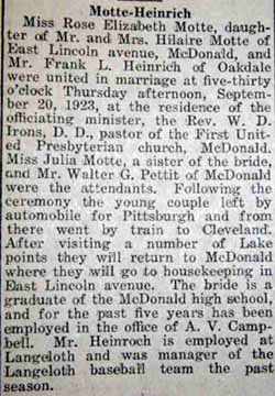 Marriage Notice for Frank L. HEINRICH to Rose Elizabeth Motte, 20 Sep 1923