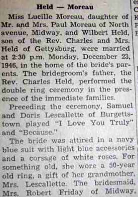 Part 1 Marriage notice for Wilbert HELD to Lucille Moreau, 23 Dec 1946