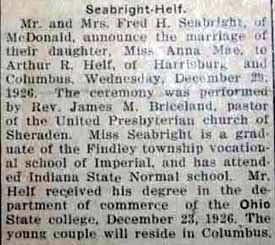 Article 1 Marriage Notice for Arthur R. HELF to Anna Mae Seabright, 29 Dec 1926