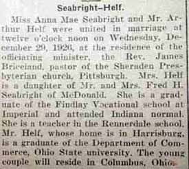 Article 2 Marriage Notice for Arthur R. HELF to Anna Mae Seabright, 29 Dec 1926