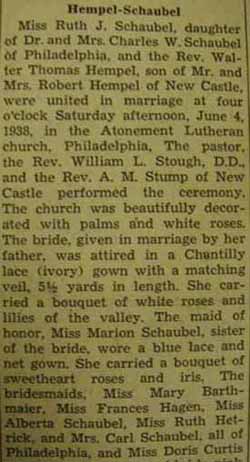Part 1 Marriage Notice for Walter Thomas HEMPEL to Ruth J. Schaubel, 4 Jun 1938