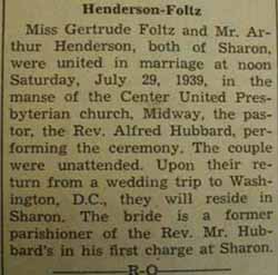 Marriage Notice for Arthur HENDERSON to Gertrude Foltz, 29 Jul 1939
