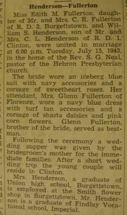 Marriage Notice for William S. HENDERSON to Edith M. Fullerton, 13 Jul 1943