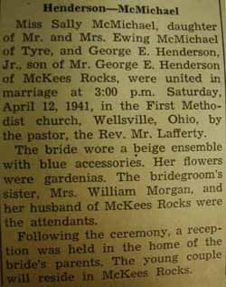 Marriage Notice for George E. HENDERSON, Jr. to Sally McMichael, 12 Apr 1941