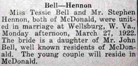 Marriage Notice for Stephen HENNON to Tessie Bell, 27 Mar 1922