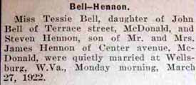 Marriage Notice for Stephen HENNON to Tessie Bell, 27 Mar 1922