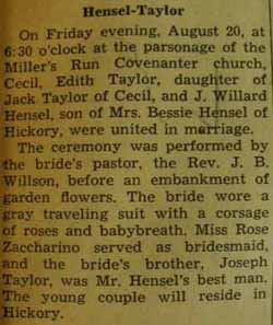 Marriage Notice for J. Willard HENSEL to Edith Taylor, 20 Aug 1937