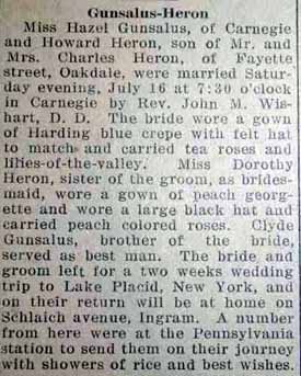 Marriage Notice for Howard HERON to Hazel Gunsalus, 16 Jul 1927