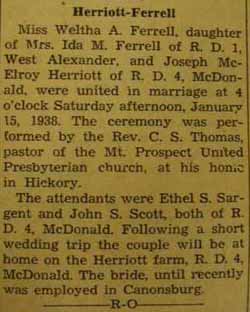 Marriage Notice for Joseph McElroy HERRIOTT to Weltha A. Ferrell, 15 Jan 1938