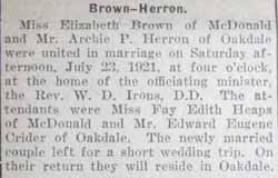 Marriage Notice for Archie P. HERRON to Elizabeth Brown, 23 Jul 1921
