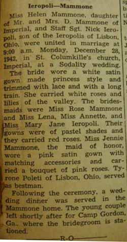 Marriage Notice for Nick IEROPOLI to Helen Mammone, 28 Dec 1942