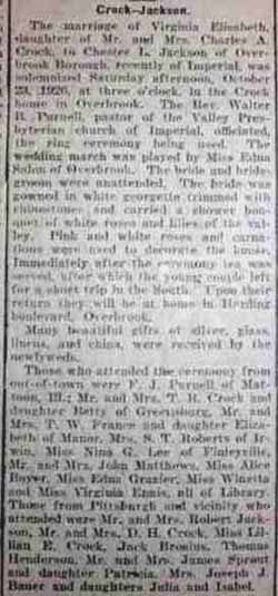 Marriage Notice for Chester L. JACKSON to Virginia Elizabeth Crock, 23 Oct 1926