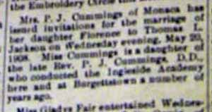 Marriage Notice for Thomas L. JACKSON to Florence Cummings, 20 May 1908
