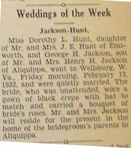 Marriage Notice for George H. JACKSON to Dorothy L. HUNT, Fri., Feb. 12, 1932