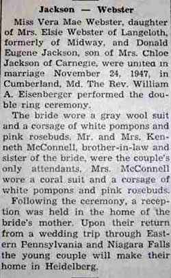 Marriage Notice for Donald Eugene JACKSON to Vera Mae Webster, 24 Nov 1947