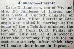 Marriage Notice for Earle N. JAMIESON to Vesta J. Uncraft, 1 Jul 1927