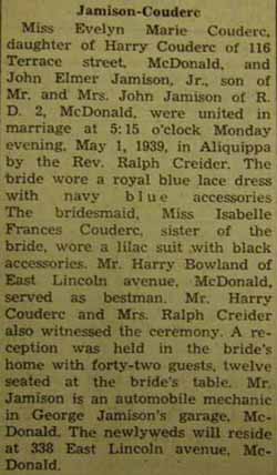 Marriage Notice for John Elmer JAMISON, Jr. to Evelyn Marie Couderc, 1 May 1939