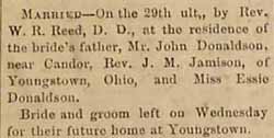 Marriage Notice for  Rev. J. M. JAMISON to Essie Donaldson, 29 Dec 1891
