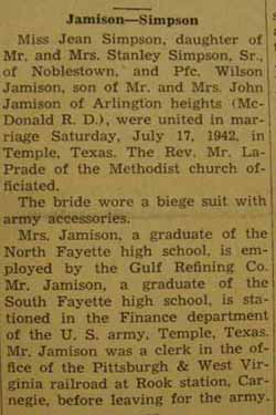 Marriage Notice for Wilson JAMISON to Jean Simpson, 17 Jul 1942