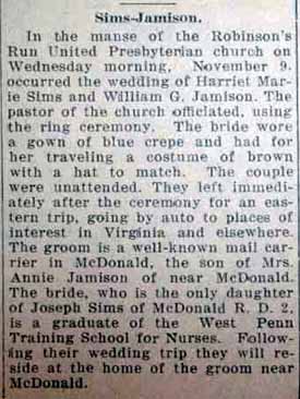 Marriage Notice for William G. JAMISON to Harriet Marie Sims, 9 Nov 1927
