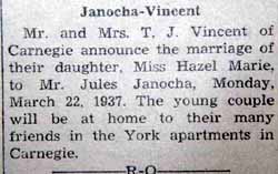 Marriage Notice for Jules JANOCHA to Hazel Marie Vincent, 22 Mar 1937