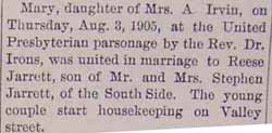 Marriage Notice for Reese JARRETT to Mary Irvin, 3 Aug 1905