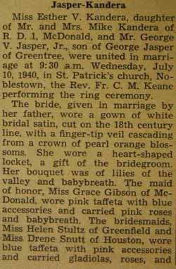 Part 1 Marriage Notice for George V. JASPER, Jr. to Esther V. Kandera, 10 Jul 1940