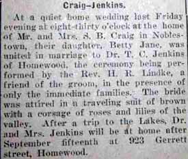 Marriage Notice for T. C. JENKINS to Betty Jane Craig, no date, in 9-1-1922 paper