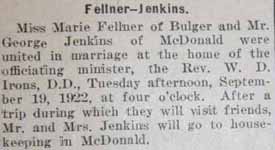 2nd article Marriage Notice for George JENKINS to Marie Fellner, 19 Sep 1922
