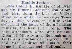 Marriage Notice for Elmer S. JENKINS to Goldie E. Kunkle, 15 Nov 1927
