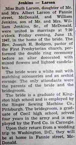 Marriage Notice for William JENKINS to Ruth Larson, 13 Jun 1947