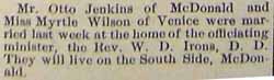 Marriage Notice for Otto JENKINS to Myrtle Wilson, no date, in 6-17-1912 paper