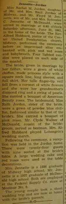 Marriage Notice for Floyd M. JENNETTE to Rachel M. Jordan, 21 Jun 1941