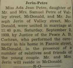 Marriage Notice for Joseph JERIN to Ada Jean Petre, 2 Sep 1939