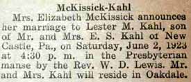 Marriage Notice for Lester M. KAHL to Mrs. Elizabeth McKissick, 2 Jun 1923