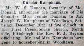 Marriage Notice for Joseph W. KAMPHAUS to Jennie Duncan, 10 Dec 1921