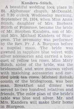 Marriage Notice for Stephen KANDERA to Anna Stitch, 26 Sep 1934