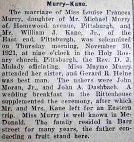 Marriage Notice for William J. KANE, Jr. to Louise Frances Murry, 10 Nov 1921